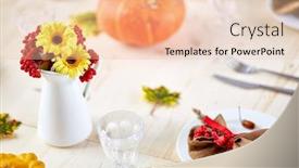  Presentation with flowers vase - Beautiful presentation design featuring flowers and ashberries in vase on wooden served festive table backdrop and a lemonade colored foreground