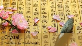  Presentation with calligraphy - Colorful PPT theme enhanced with flowers and brush on chinese backdrop and a gold colored foreground