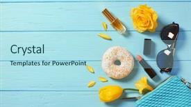  Presentation with cosmetics - PPT theme consisting of flowers and cosmetics on blue background and a arctic colored foreground