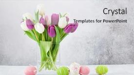 Presentation with card holiday flowers abstract - Cool new PPT theme with flowers bouquet and easter egg backdrop and a light gray colored foreground