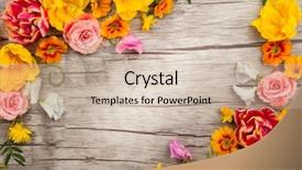  Presentation with spring flowers on textured - PPT layouts featuring flowers composition on wooden background background and a soft green colored foreground
