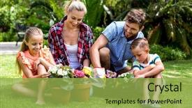  Presentation with flower pots - PPT theme enhanced with happy family with flower pots sitting on grass at yard background and a yellow colored foreground