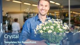  Presentation with plants - Audience pleasing PPT theme consisting of self focused - happy male customer holding flowering backdrop and a ocean colored foreground