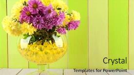  Presentation with flowers vase - Cool new presentation design with beautiful flowers in vase with hydrogel on table on wooden background backdrop and a yellow colored foreground