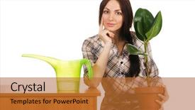  Presentation with young plant - Audience pleasing presentation theme consisting of flowers lady - beautiful young woman watering backdrop and a red colored foreground