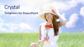  Presentation with poppies - Colorful presentation design enhanced with flowers lady - portrait of beautiful young woman backdrop and a sky blue colored foreground