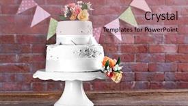  Presentation with slice of decorated cake - PPT layouts having flowers on wooden table background and a coral colored foreground