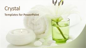  Presentation with peppermint candy cane on white - Cool new presentation with flowers peace - spa concept flower towel candle backdrop and a cream colored foreground