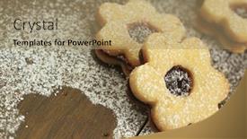  Presentation with powder - Slide deck having flowers shape cookies cover with powder sugar on a wooden table background and a coral colored foreground