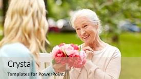  Presentation with young happy people smiling - Amazing PPT theme having flowers to her senior mother backdrop and a lemonade colored foreground