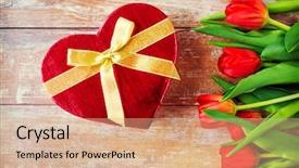  Presentation with heart flowers - Theme enhanced with flowers valentines day and holidays concept - close up of red tulips and heart shaped chocolate box on wooden table background and a coral colored foreground