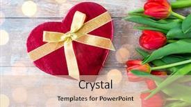  Presentation with heart flowers - PPT layouts with flowers valentines day and holidays concept - close up of red tulips and heart shaped chocolate box on wooden table over lights background and a lemonade colored foreground