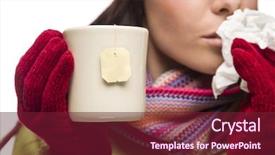  Presentation with tea cup - Presentation design enhanced with flu shot - young sick woman with tissue background and a tawny brown colored foreground