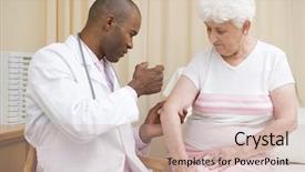  Presentation with needle - Cool new presentation theme with flu vaccine - doctor giving needle to woman backdrop and a coral colored foreground