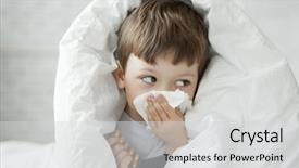  Presentation with flu virus - Slides enhanced with flu virus - boy wipes his nose background and a light gray colored foreground