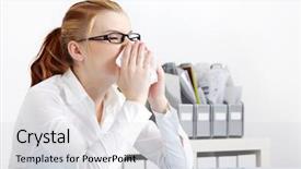  Presentation with sneezing - Presentation theme enhanced with flu virus - caucasian businesswoman in glasses sneezing background and a light gray colored foreground