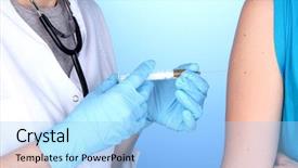  Presentation with nurse and patient holding hands - PPT theme enhanced with flu virus - doctor holding syringe with vaccine background and a light blue colored foreground