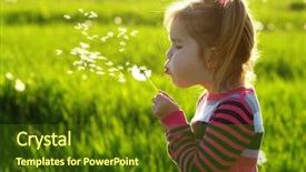  Presentation with dandelion - Presentation featuring fluff - girl blowing dandelion outdoors background and a tawny brown colored foreground