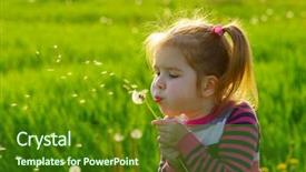  Presentation with dandelion - Presentation theme with fluff - girl blowing dandelion outdoors background and a forest green colored foreground