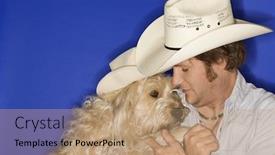  Presentation with cowboy - Presentation theme enhanced with fluffy-brown-dog-and-male background and a coral colored foreground
