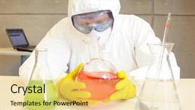  Presentation with lab glassware - Presentation design featuring fluid engineering - scientist in protective uniform goggles background and a blonde colored foreground
