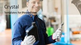  Presentation with fluid mechanic - Colorful PPT theme enhanced with fluid mechanics - auto mechanic holding a jug backdrop and a mint green colored foreground