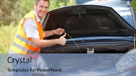  Presentation with car engine - Beautiful PPT theme featuring fluid mechanics - man checking level of oil backdrop and a teal colored foreground