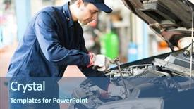  Presentation with garage car - PPT theme enhanced with fluid mechanics - portrait of an auto mechanicin background and a ocean colored foreground