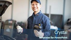  Presentation with garage car - Cool new slides with fluid mechanics - portrait of an auto mechanicin backdrop and a ocean colored foreground