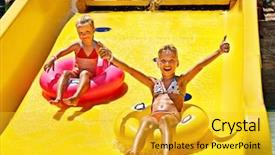  Presentation with summer drinking water - Beautiful PPT theme featuring flume - child on water slide backdrop and a  colored foreground