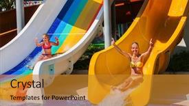  Presentation with aqua - Audience pleasing PPT theme consisting of flume - swimming pool slides for children backdrop and a gold colored foreground