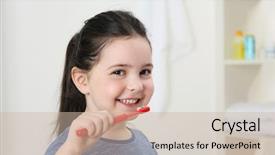  Presentation with fluoride - Presentation design having fluoride - smiling little girl brushing teeth background and a soft green colored foreground
