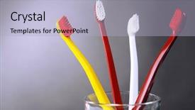  Presentation with glass - PPT theme featuring fluoride products - toothbrushes in glass on grey background and a light blue colored foreground