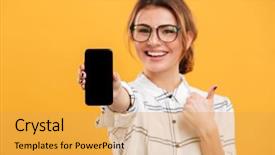  Presentation with mobile phone in woman hand - Theme having flurried - portrait of beautiful flurry woman background and a yellow colored foreground