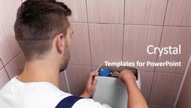  Presentation with closet - PPT layouts having flush - plumber repairing toilet cistern background and a coral colored foreground