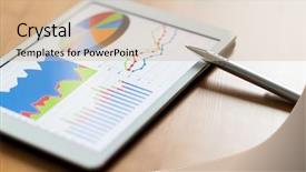  Presentation with financial - Colorful presentation theme enhanced with tablet computer and financial chart backdrop and a light gray colored foreground