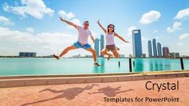  Presentation with abu dhabi - Amazing PPT theme having happy couple on holidays in abu dhabi uae backdrop and a coral colored foreground