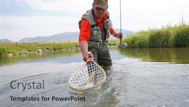  Presentation with montana - Colorful slide deck enhanced with fly fisherman catching brown trout in river of montana state backdrop and a light gray colored foreground