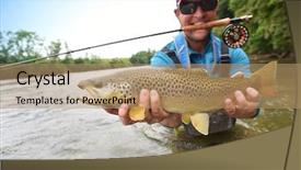  Presentation with trout - Amazing PPT layouts having fly-fisherman holding brown trout backdrop and a coral colored foreground