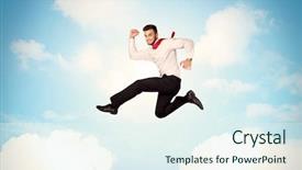  Presentation with blue business - Audience pleasing PPT theme consisting of fly high - business person jumping over clouds backdrop and a sky blue colored foreground