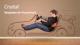  Presentation with driving - Colorful slide deck enhanced with fly wheel - happy man driving an hand backdrop and a  colored foreground