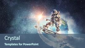  Presentation with spaceman - Slide deck with flying board mixed media background and a ocean colored foreground