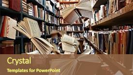  Presentation with library - Presentation theme featuring flying books on library bookshelves background and a tawny brown colored foreground