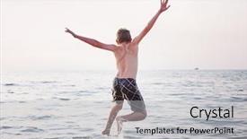  Presentation with camp - PPT theme enhanced with flying camp - boy jumping into the lake background and a light gray colored foreground