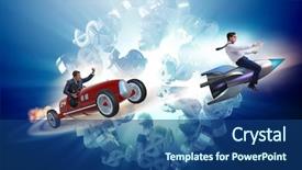  Presentation with car business - PPT theme enhanced with flying car - competition concept with business people background and a ocean colored foreground
