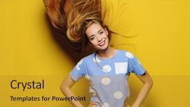  Presentation with long hair - Audience pleasing PPT layouts consisting of flying hair over yellow background backdrop and a gold colored foreground