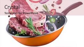  Presentation with beef meat soup stew - Slide deck consisting of flying meat steaks and spices background and a coral colored foreground