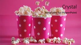  Presentation with paper cups - Colorful theme enhanced with flying movie - tasty popcorn falling into cups backdrop and a coral colored foreground