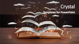  Presentation with letters - Audience pleasing slide deck consisting of pages and glowing letters flying out of a book on wooden deck backdrop and a tawny brown colored foreground