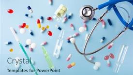  Presentation with flu virus - PPT layouts featuring flying-pill-stethoscope-syringe-capsule background and a light blue colored foreground